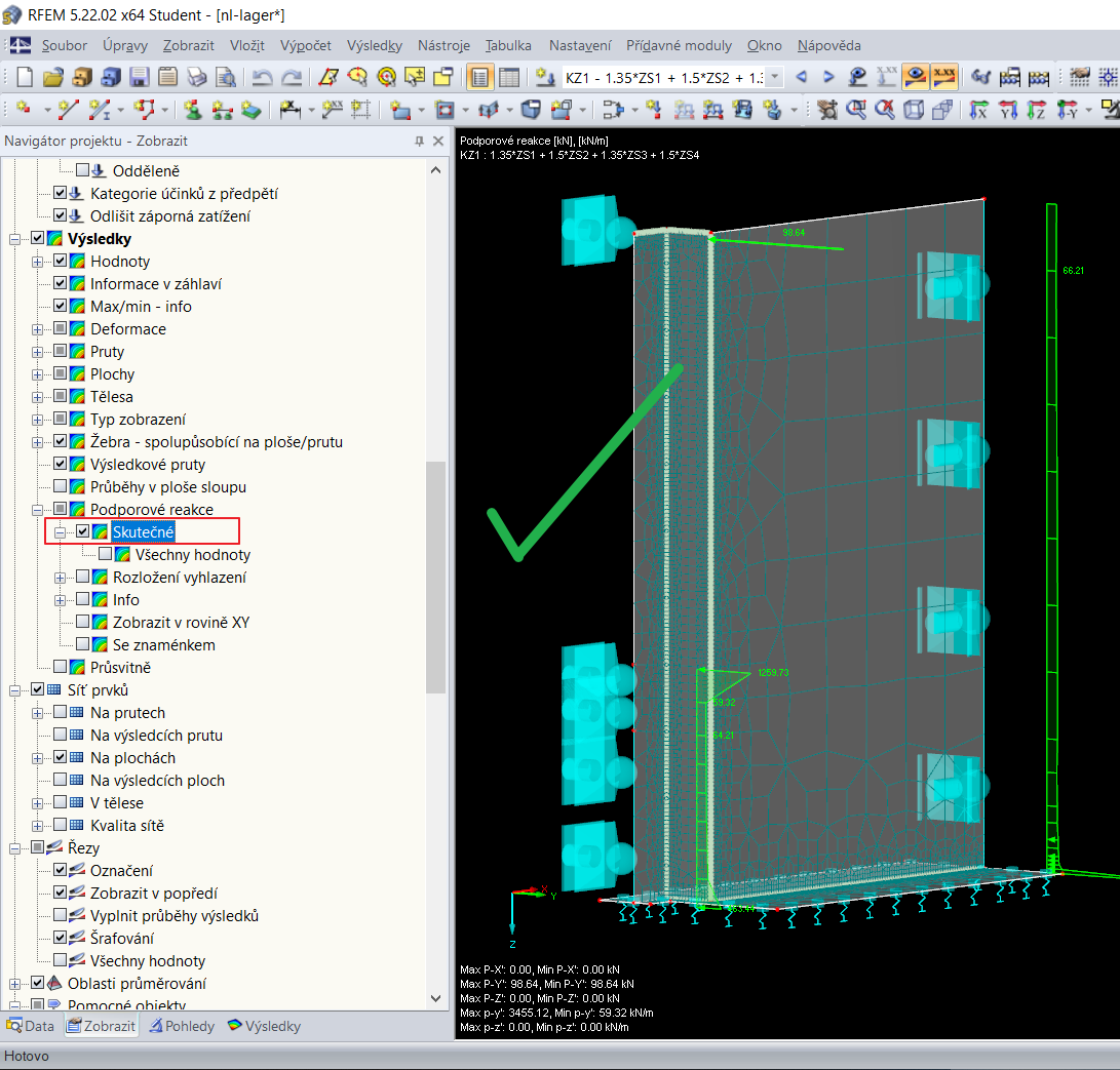 Správné nastavení průběhu výsledků pro nelineární podporové reakce