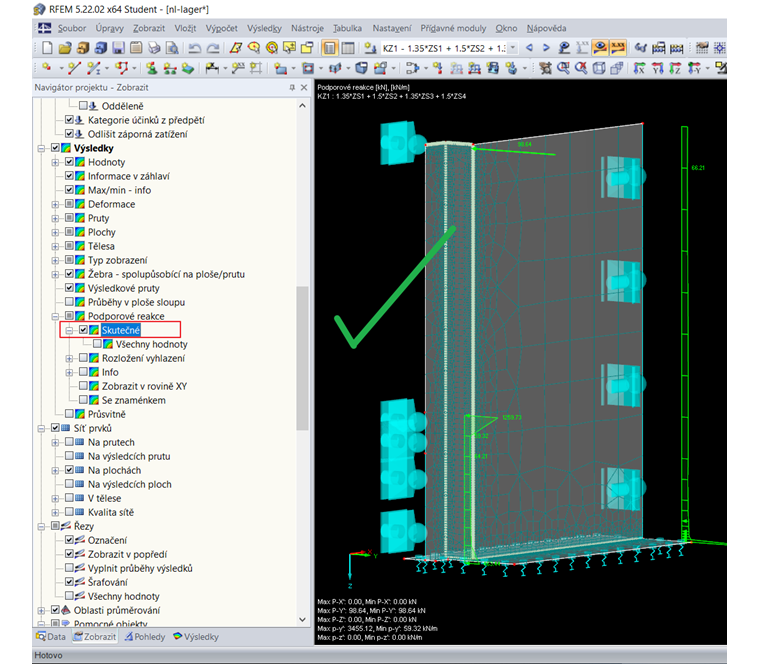Správné nastavení průběhu výsledků pro nelineární podporové reakce