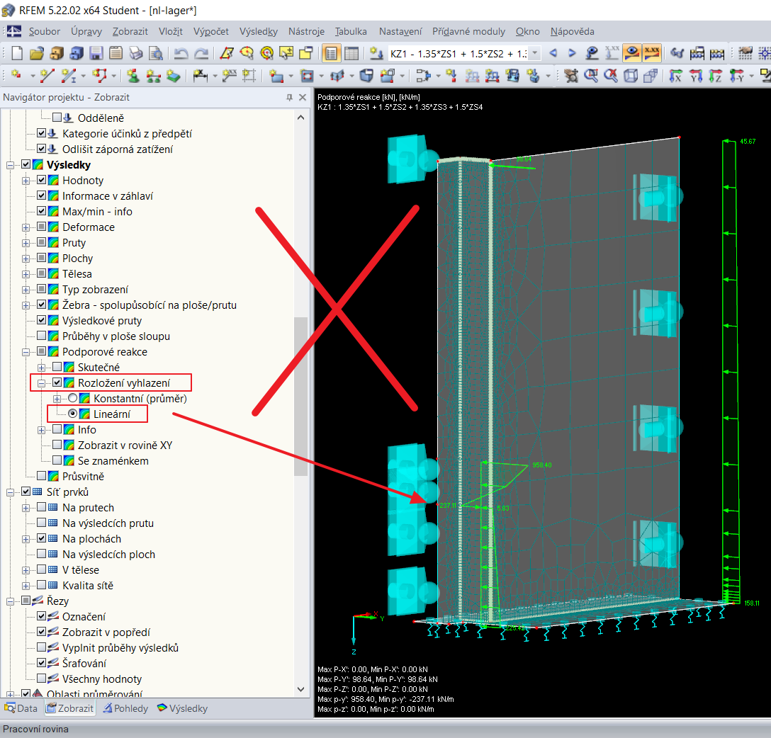 Nesprávné nastavení průběhu výsledků pro nelineární podporové reakce