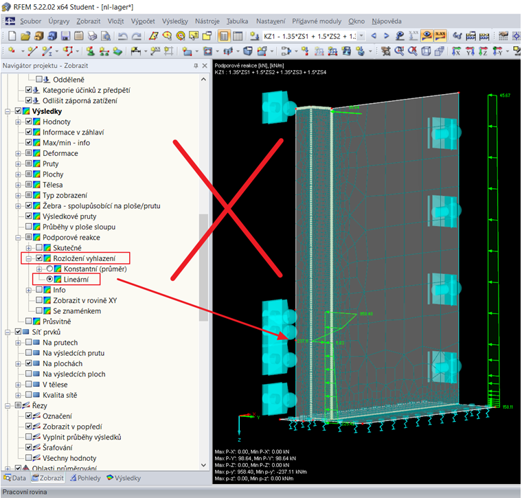 Nesprávné nastavení průběhu výsledků pro nelineární podporové reakce