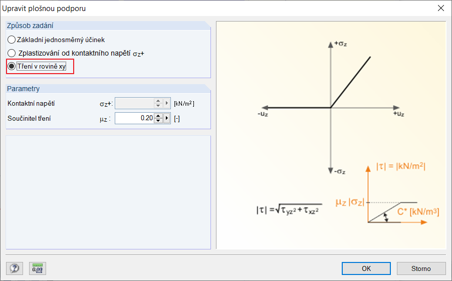 Výběr volby "Tření v rovině xy" se zadáním součinitele tření
