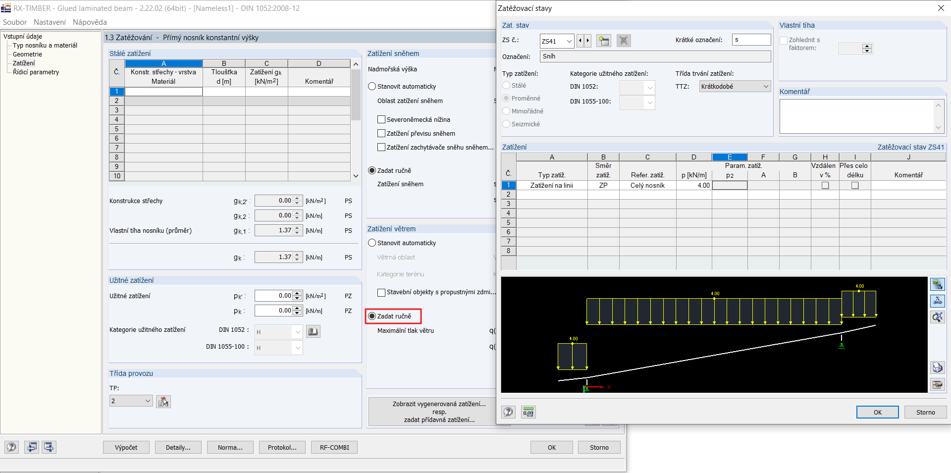 Ruční zadání zatížení sněhem