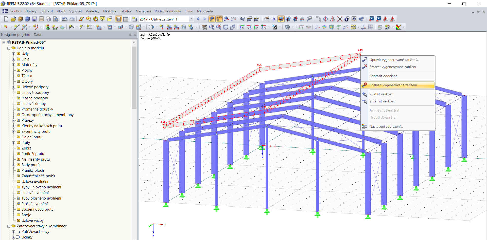 Možnost "Rozložit vygenerované zatížení"