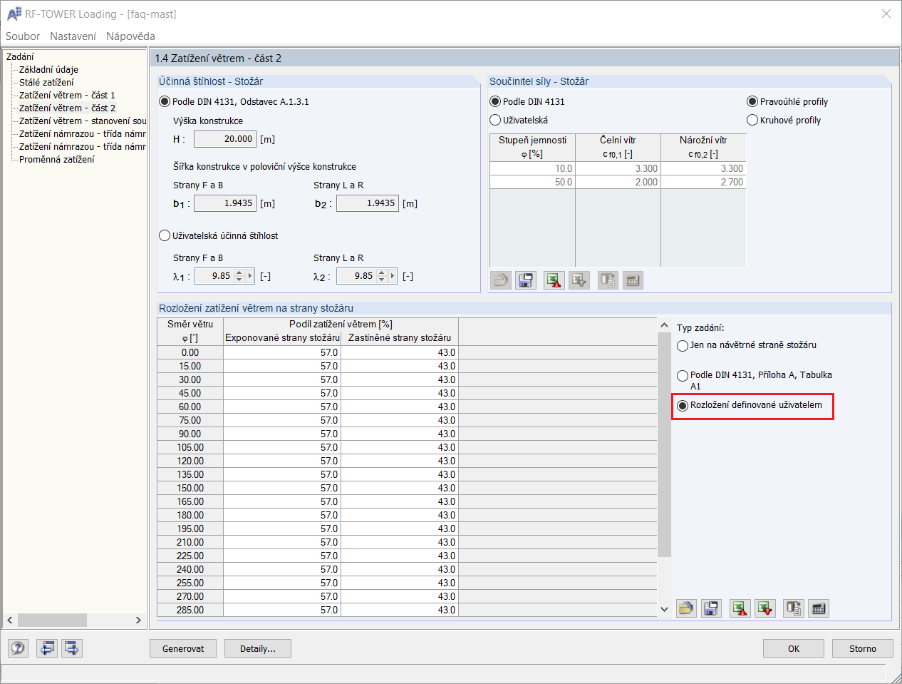Zatížení větrem - uživatelsky zadané rozdělení