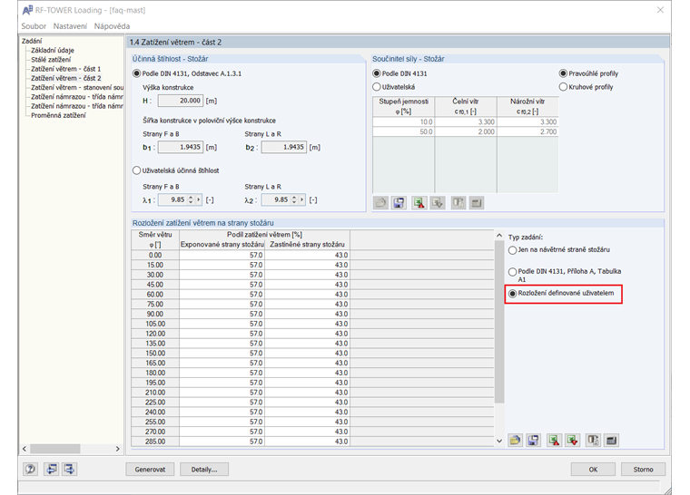 Zatížení větrem - uživatelsky zadané rozdělení