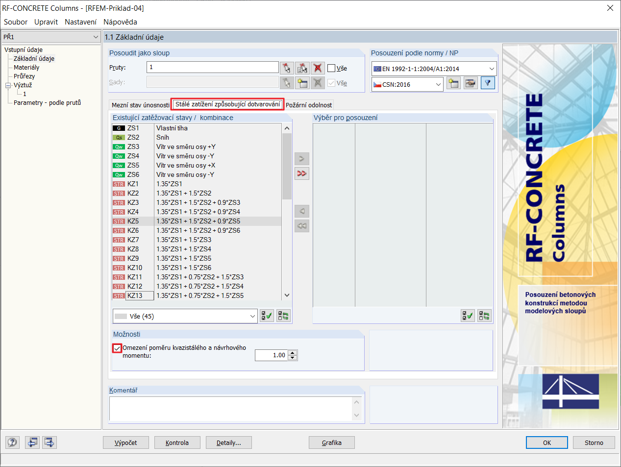 Dialog "1.1 Základní údaje" se záložkou "Trvalé zatížení způsobující dotvarování"