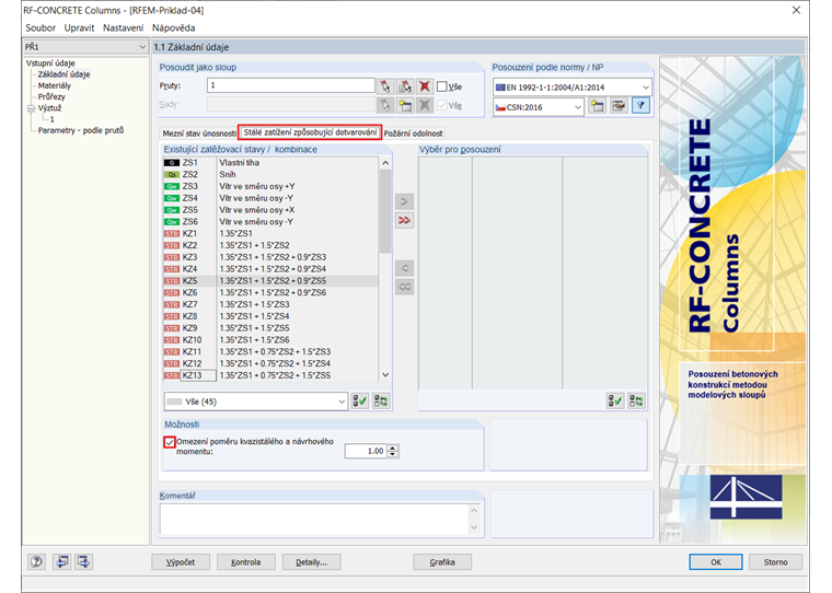 Dialog "1.1 Základní údaje" se záložkou "Trvalé zatížení způsobující dotvarování"