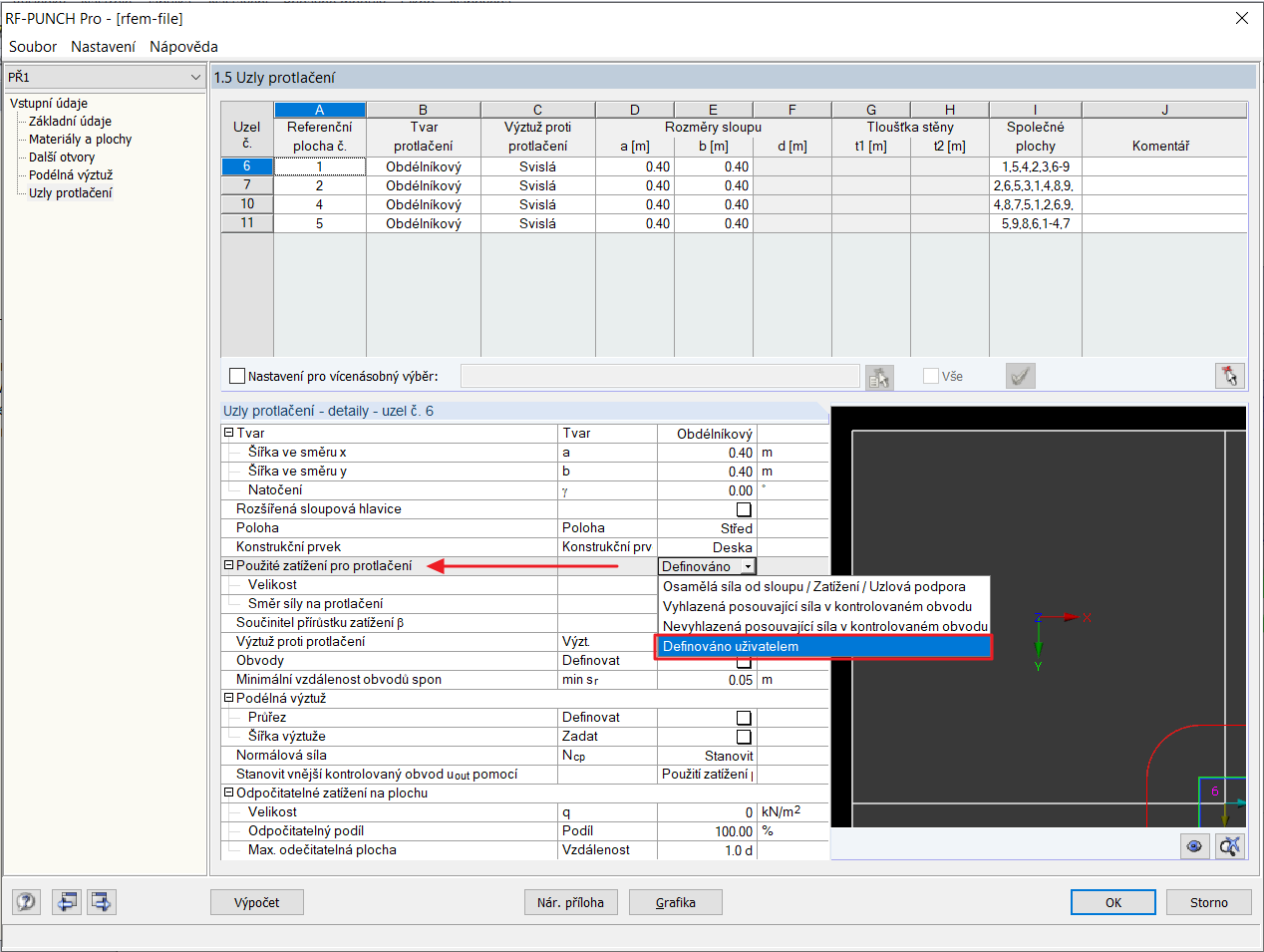 Uživatelsky definované zatížení pro protlačení
