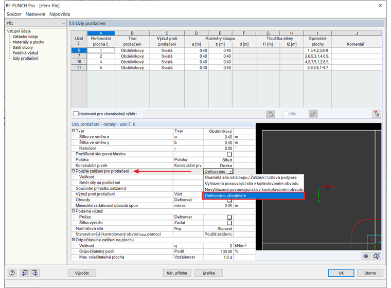 Uživatelsky definované zatížení pro protlačení
