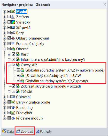 Nastavení pro zobrazení osového systému v navigátoru Zobrazit