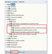 Nastavení pro zobrazení osového systému v navigátoru Zobrazit