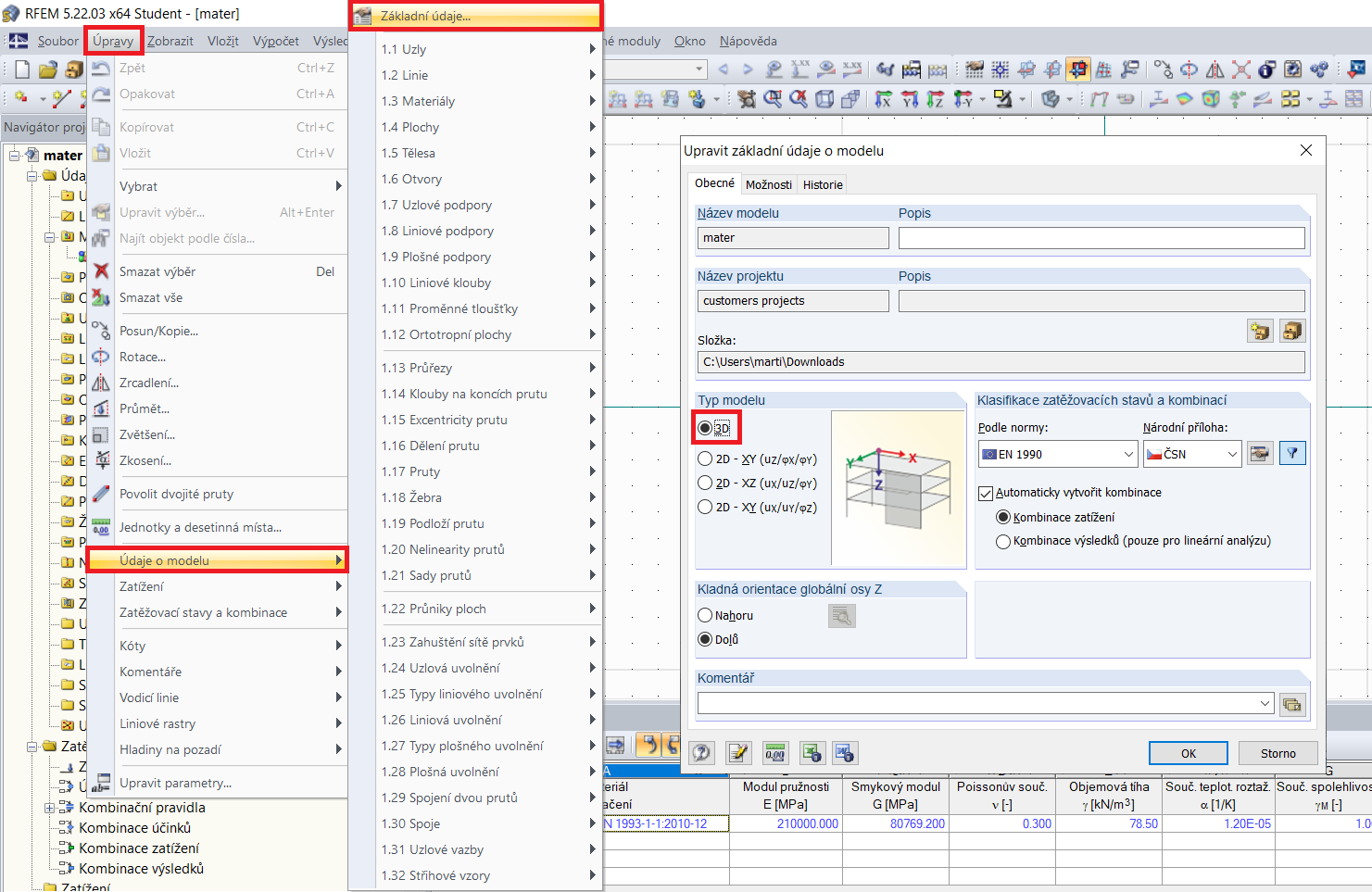 Zadání typu modelu v základních údajích
