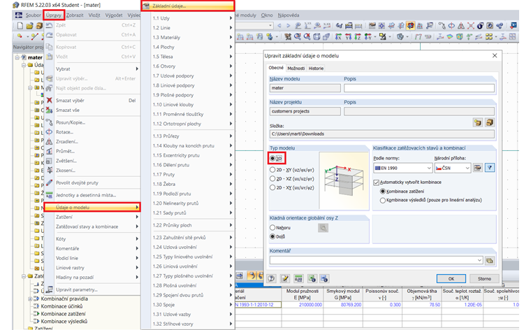 Zadání typu modelu v základních údajích