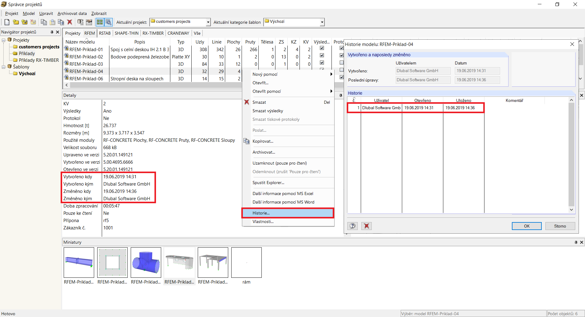Vyvolání historie pomocí správce projektů