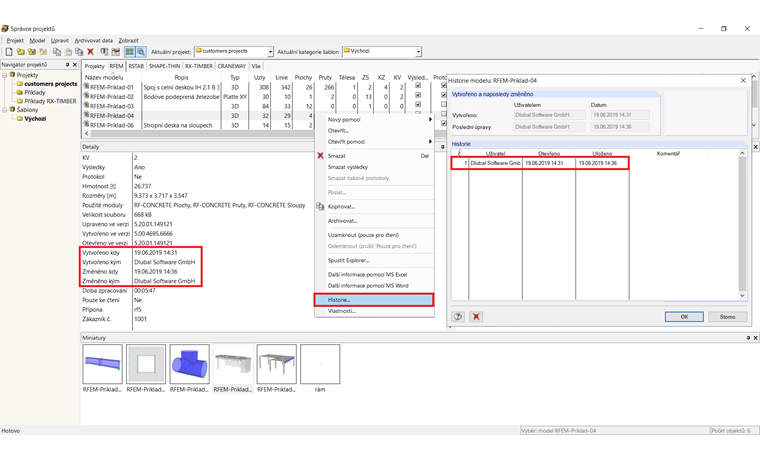 Vyvolání historie pomocí správce projektů