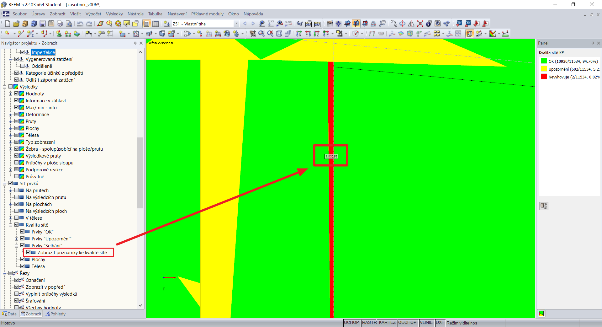 Aktivace možnosti "Zobrazit poznámky ke kvalitě sítě"