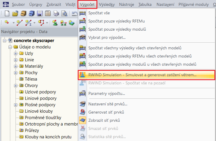 Podnabídka umožňující přístup k programu RWIND Simulation