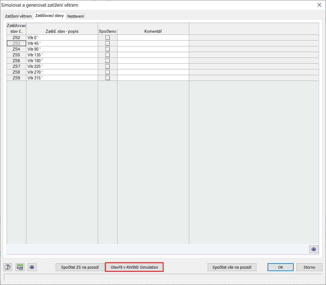 Přenos definovaných parametrů do programu RWIND Simulation