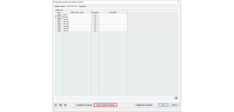 Přenos definovaných parametrů do programu RWIND Simulation