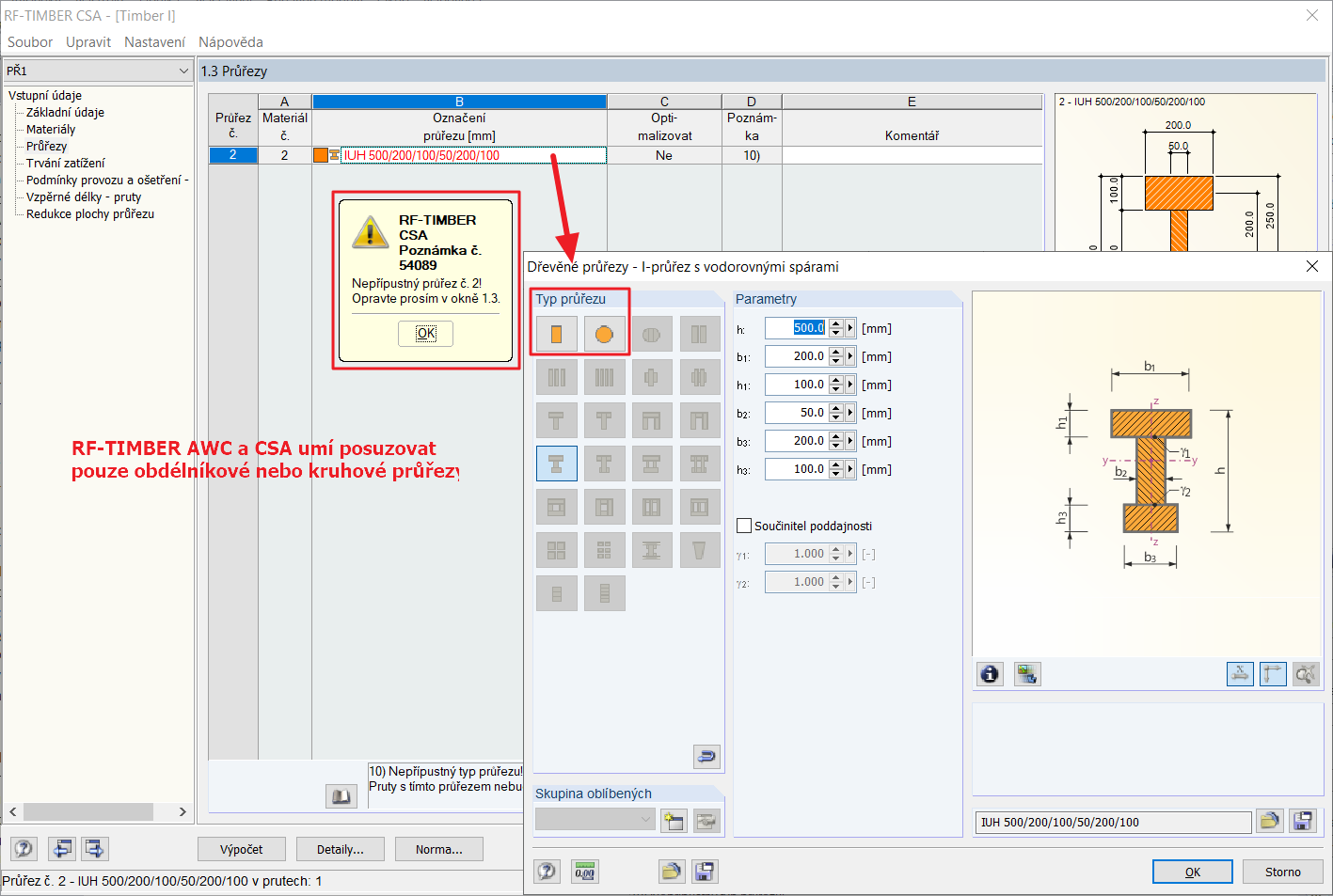 Možnosti posouzení průřezu v přídavných modulech RF-/TIMBER AWC a RF-/TIMBER CSA