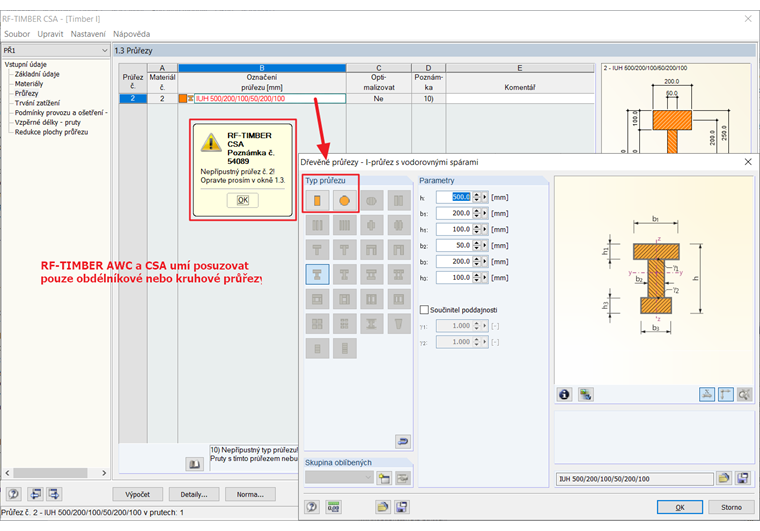 Možnosti posouzení průřezu v přídavných modulech RF-/TIMBER AWC a RF-/TIMBER CSA