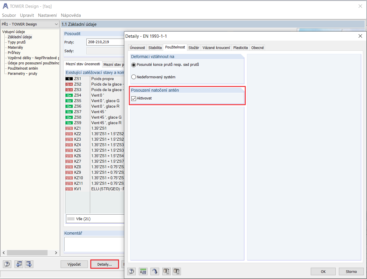 Možnost pro posouzení natočení antén