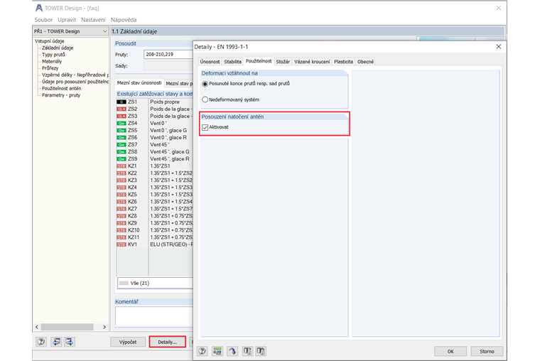 Možnost pro posouzení natočení antén
