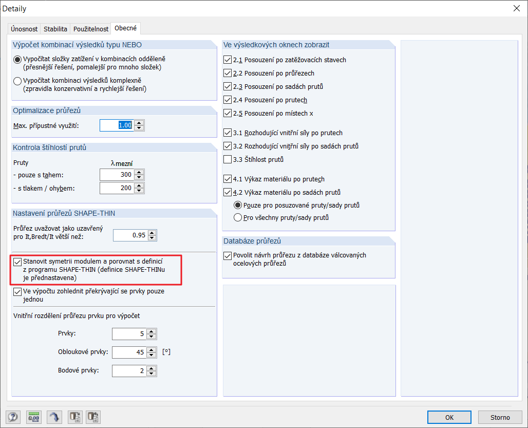 Dialog Detaily, zaškrtávací políčko Symetrie