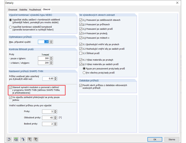 Dialog Detaily, zaškrtávací políčko Symetrie