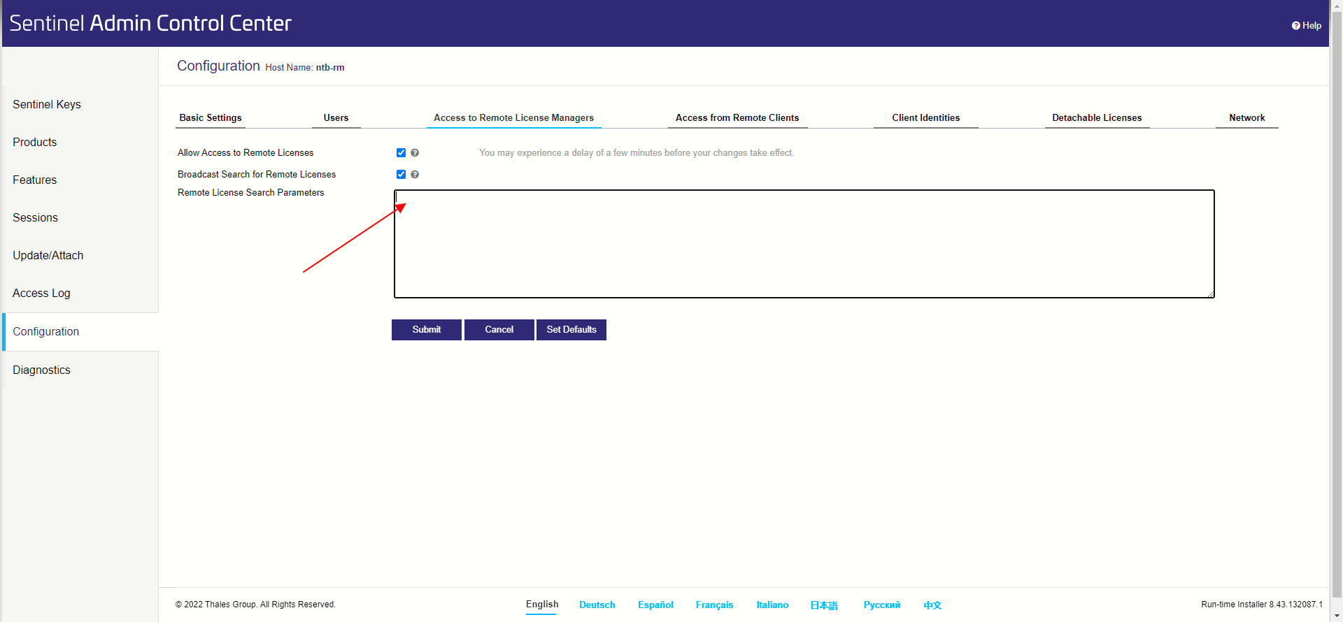 Zadejte přímo IP adresu serveru do "Remote License Search Parameters".
