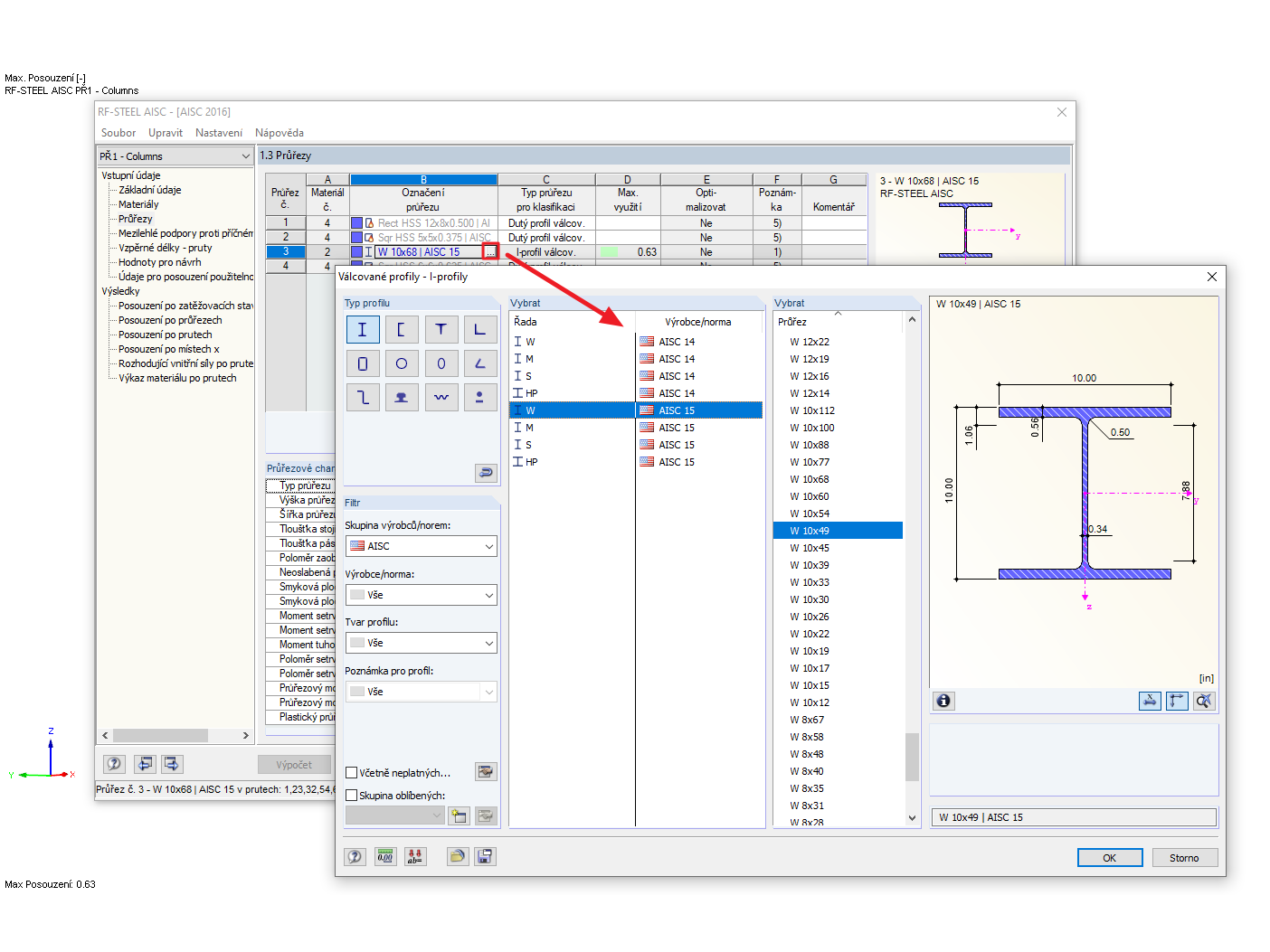 Ruční změna průřezů pro optimalizaci