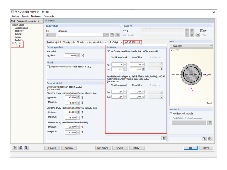 Dialog 1.6 s nastavením dílčích součinitelů spolehlivosti pro posouzení