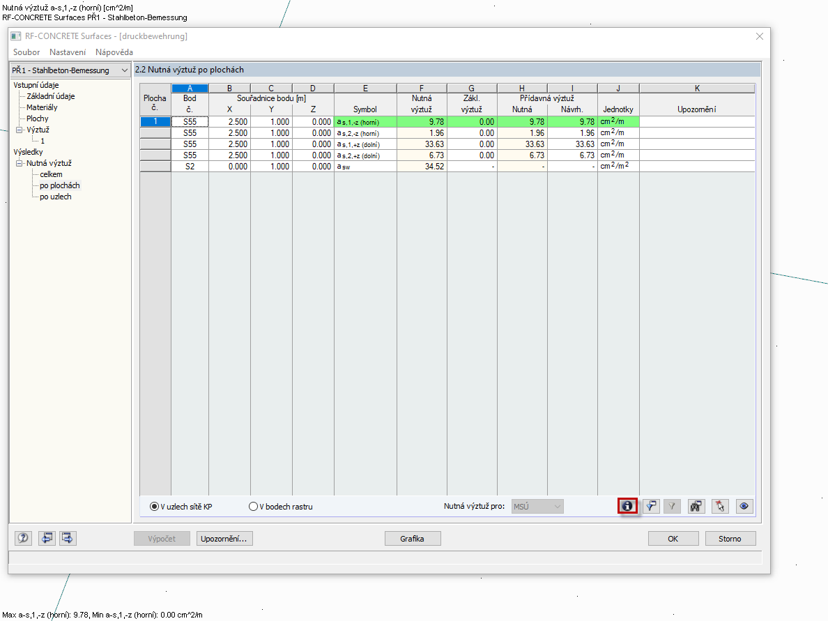 Výsledkové okno 2.1 v přídavném modulu RF-CONCRETE Surfaces s vypočítanými plochami výztuže v [cm²/m]
