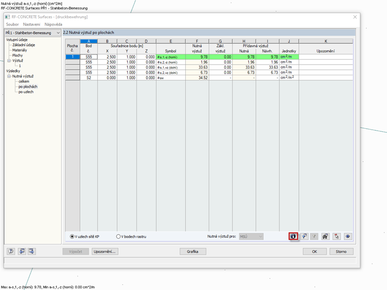 Výsledkové okno 2.1 v přídavném modulu RF-CONCRETE Surfaces s vypočítanými plochami výztuže v [cm²/m]