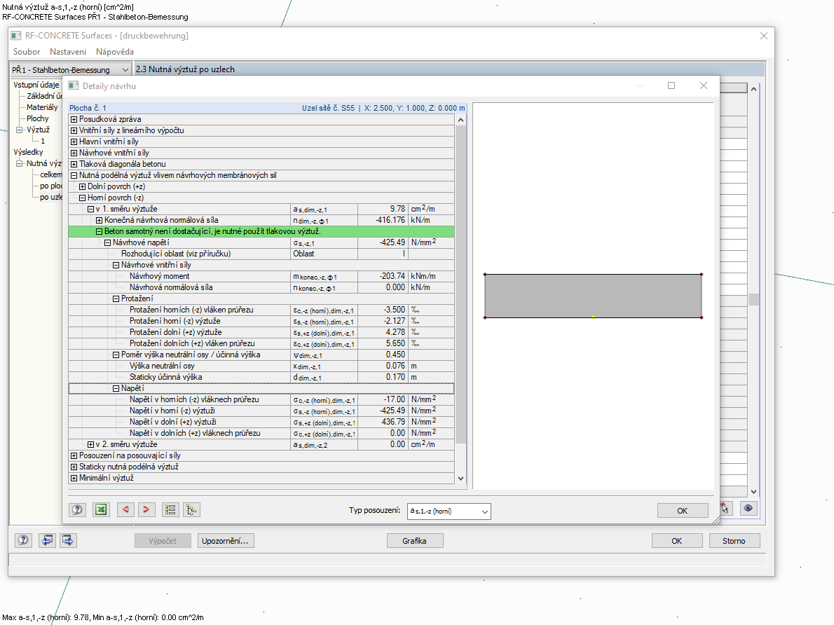 Detaily posouzení vrstvy výztuže vybrané v okně 2.1