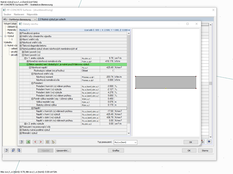 Detaily posouzení vrstvy výztuže vybrané v okně 2.1