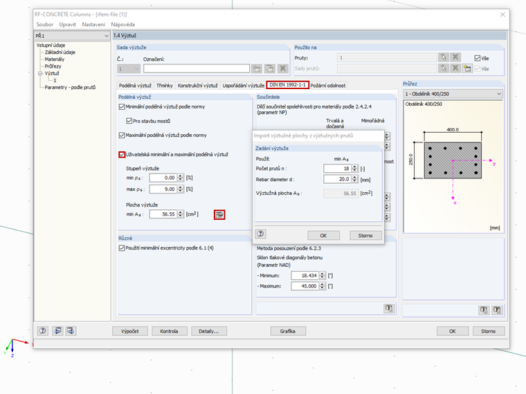 Dialog 1.4 se zadáním minimální výztuže pro posouzení v přídavném modulu RF-/CONCRETE Columns