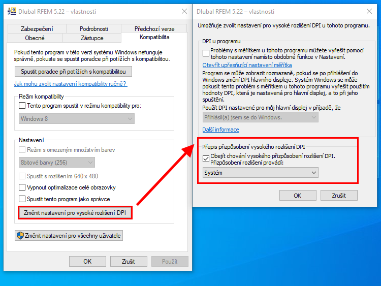 Obejití chování vysokého přizpůsobení rozlišení DPI