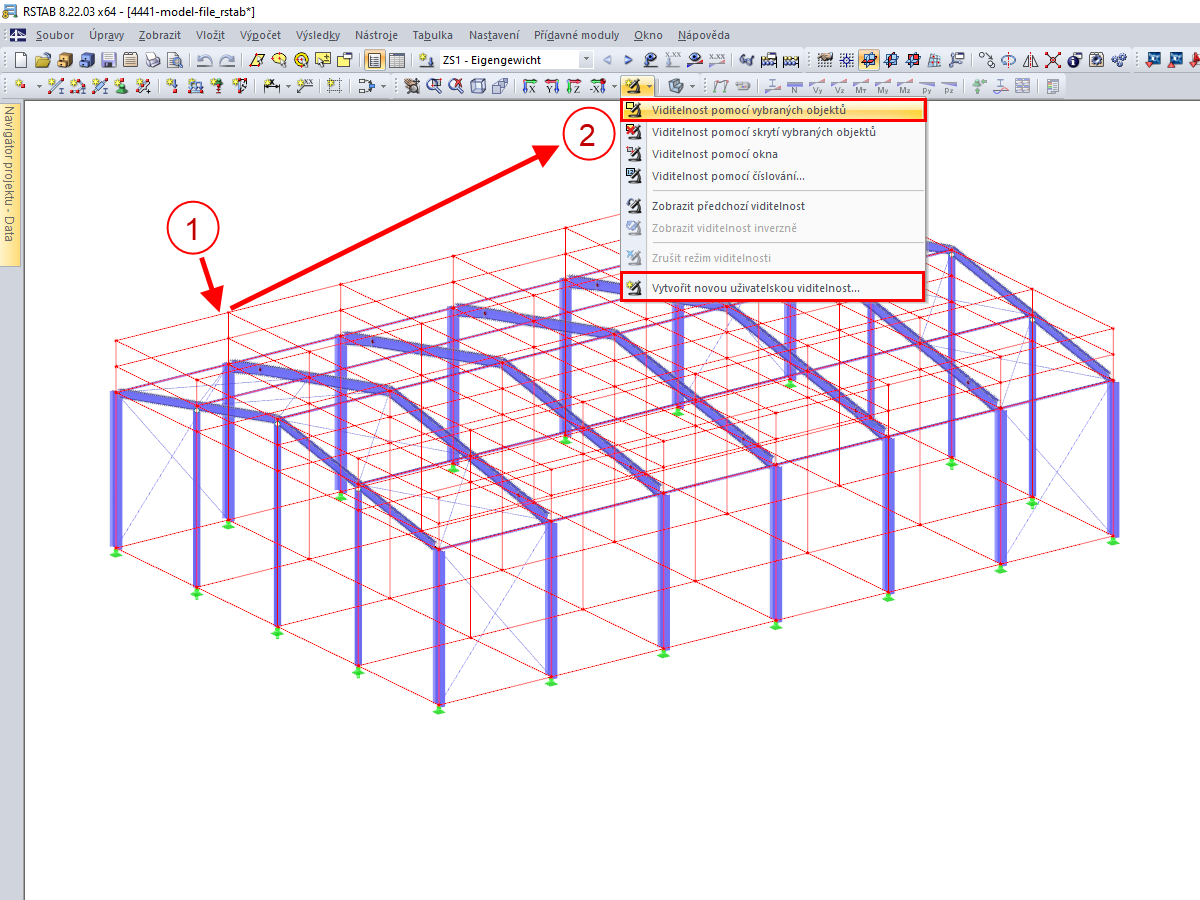 Výběr objektů včetně liniového rastru (1) a nastavení viditelnosti (2)