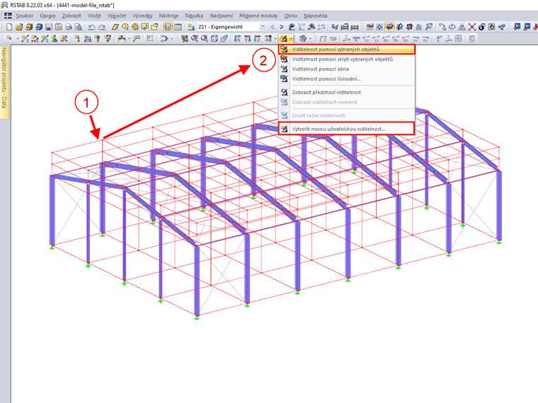 Výběr objektů včetně liniového rastru (1) a nastavení viditelnosti (2)