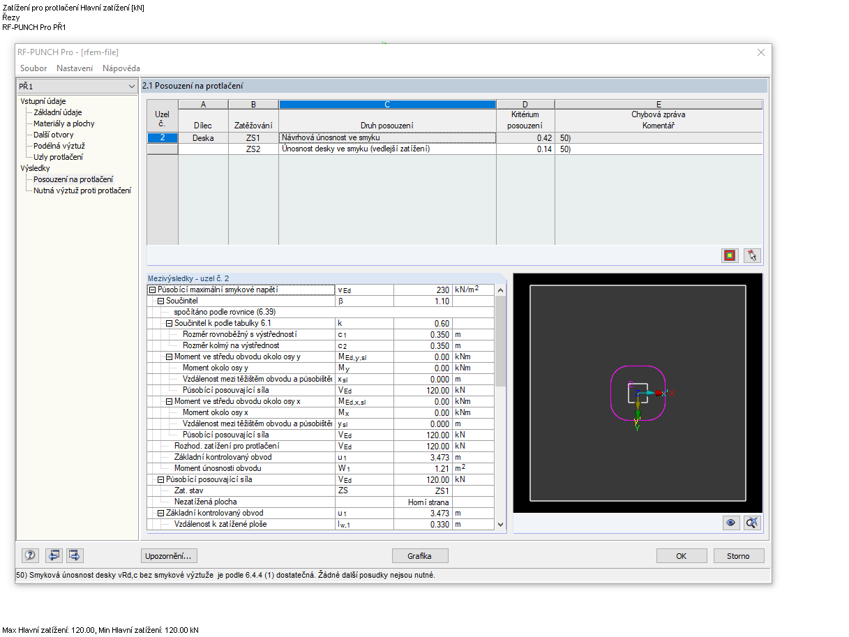 Výsledková tabulka 2.1 se zobrazením posouzení pro hlavní a vedlejší zatížení