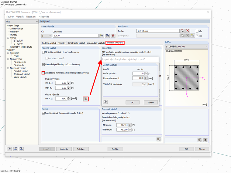 Dialog 1.4 se zadáním minimální výztuže pro posouzení v přídavném modulu RF-/CONCRETE Columns