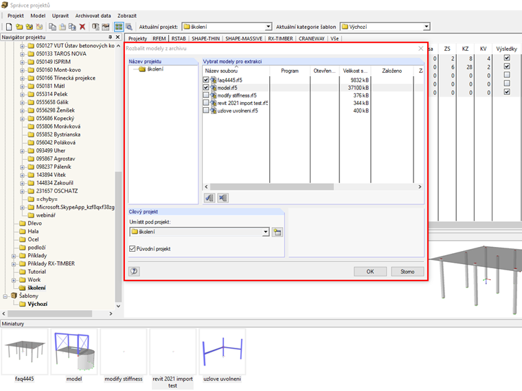 Dialog "Rozbalit modely z archivu"