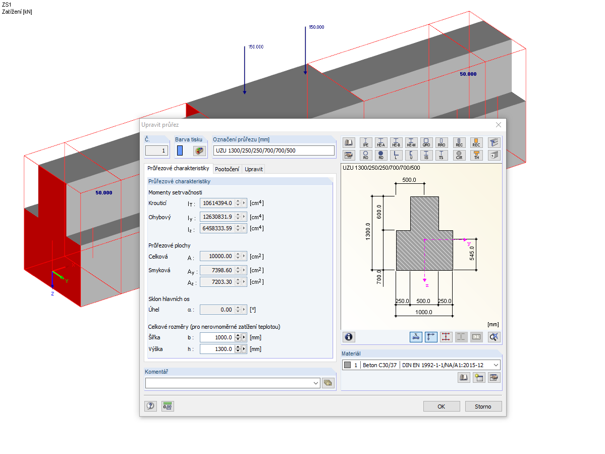 Průřez železobetonového otočeného deskového nosníku