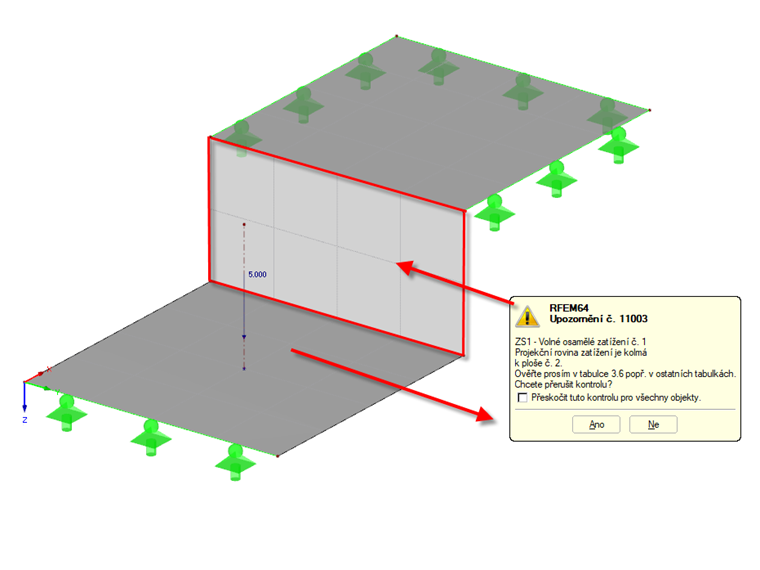 Upozornění "Rovina průmětu zatížení kolmo na plochu"