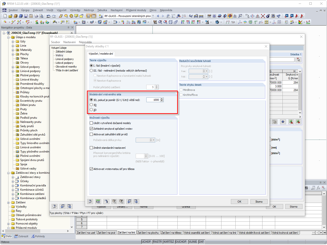 Programové výchozí nastavení pro modelování vrstveného skla