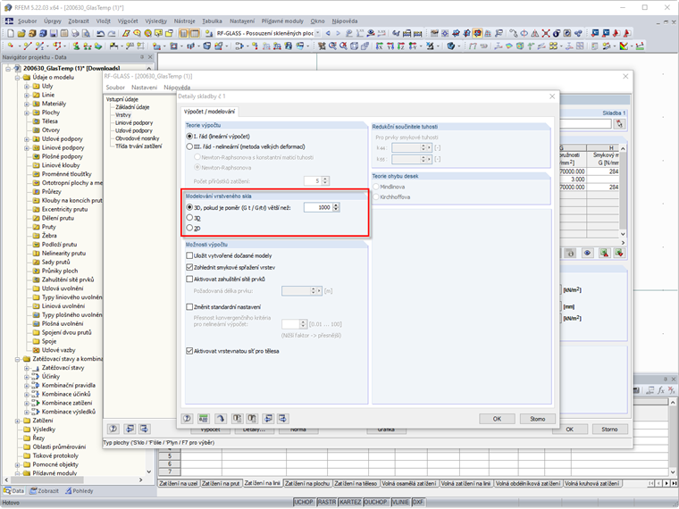 Programové výchozí nastavení pro modelování vrstveného skla