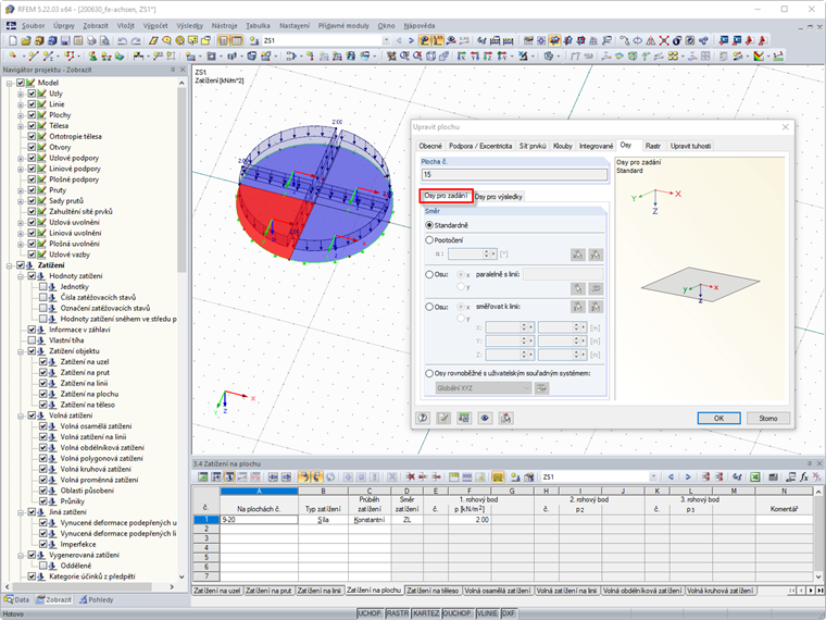 Dialog Upravit plochu - záložka "Osy"