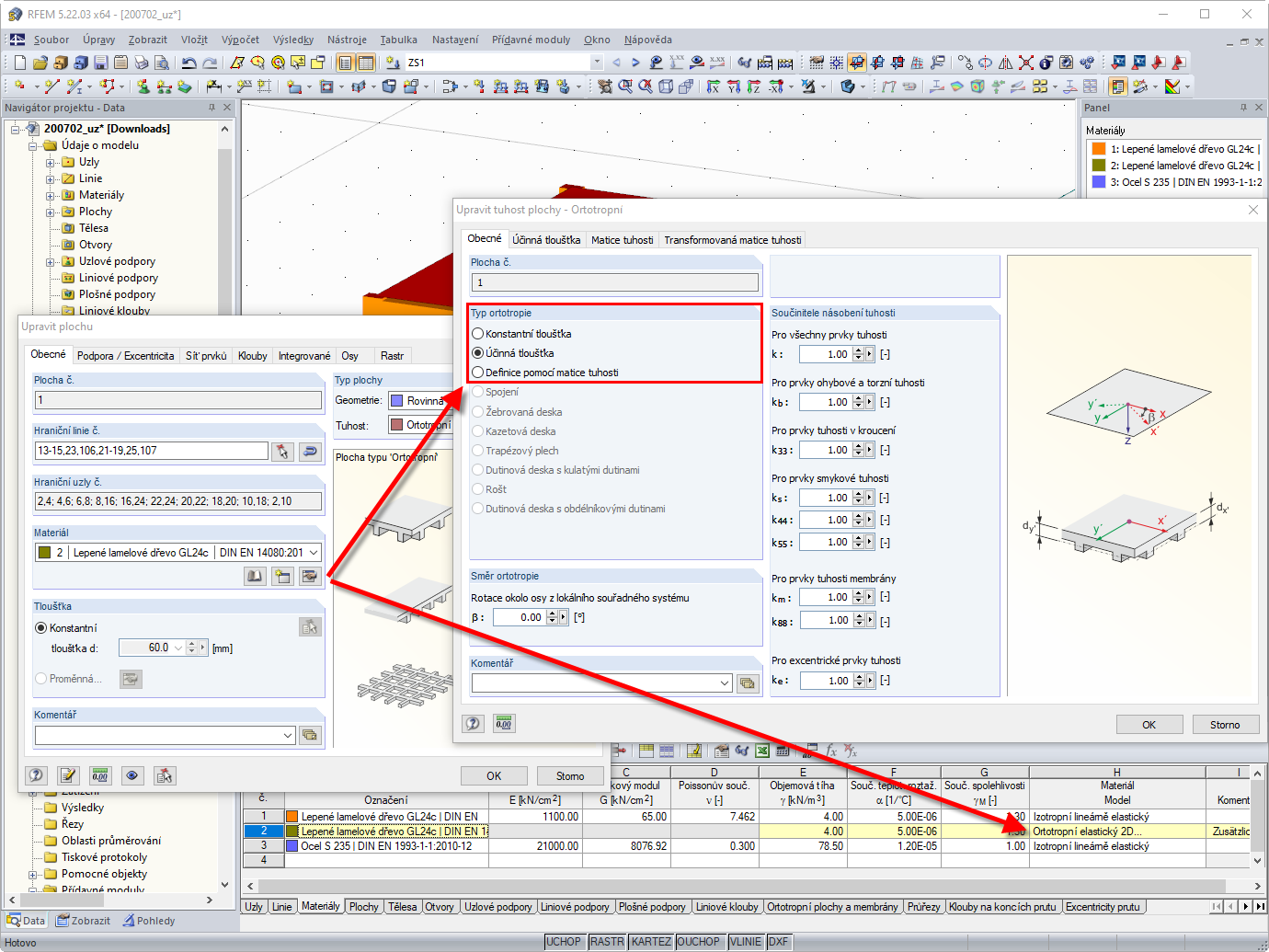 Parametry tuhosti - Ortotropní elastický materiálový model