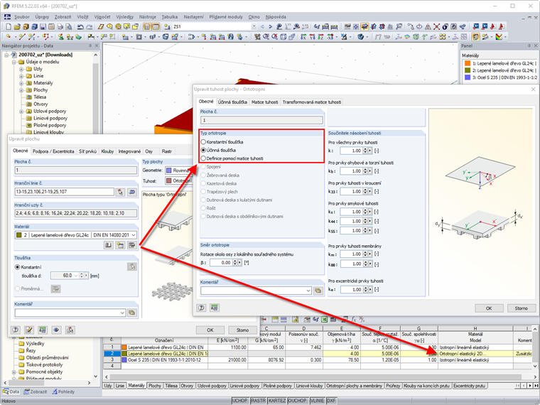 Parametry tuhosti - Ortotropní elastický materiálový model